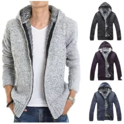 Mens Winter Cardigan Sweater Faux Fur Lined Thicken Hoodie Knitted Jackets Coats • $59.99