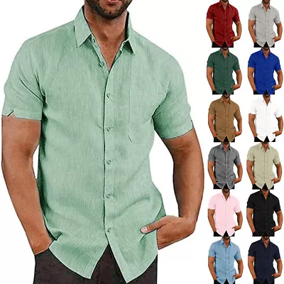 Mens Cotton Linen Casual Shirt Button Short Sleeve Regular Fit Solid Work Tops • $15.72