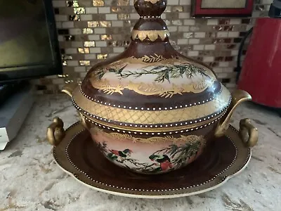 Vintage Parrot Ceramic Painted Gold Trim Soup Tureen With Lid And Resting Plate • $135