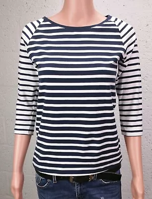 MUSTO Ladies NAVY & WHITE Stripe ¾ Sleeve Stretch T-Shirt Top 12 UK VGC • £7.99