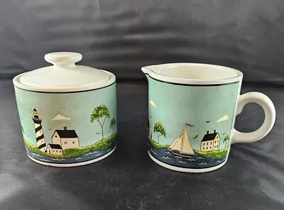 COASTAL BREEZE WARREN KIMBLE Sugar Bowl And Creamer Lighthouse 1998 Sakura • $29