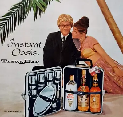1968 Trav-L-Bar Vintage PRINT AD Alcohol Travel Suitcase Oasis Palm Tree Exotic • $7.80