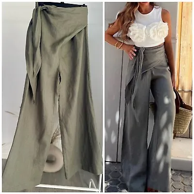$59 • Buy 100% Linen Zara Pareo Pants Green Wide Leg Nwt Xs S M L Xxl