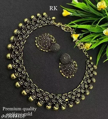 $35.01 • Buy Indian Vintage Ethnic German Gold Oxidized Boho Banjara Necklace Earrings Set E