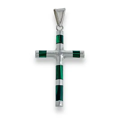 Vintage Sterling Silver 925 Green Malachite Inlay Religious Cross Pendant • $32