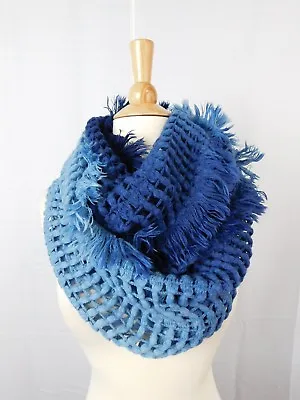 Steve Madden Open Knit Fringe Infinity Loop Cowl Scarf Ombre Navy Blue #2312 • $4.50