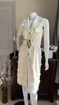 100% Auth Chanel Dress CHANEL White Tweed & Leather Wool Dress & Belt 36/8 Uk • £850