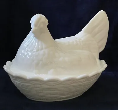 Vintage Fenton Milk Glass Large Hen On Nest Covered Chicken Dish Woven Scalloped • $35