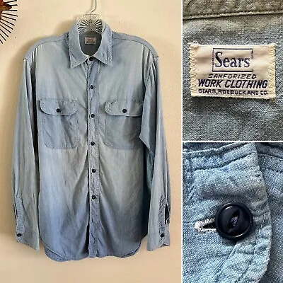 1960s Vtg Sears Roebuck Sanforized Chambray Work Shirt Medium 60s USA L/S • $240