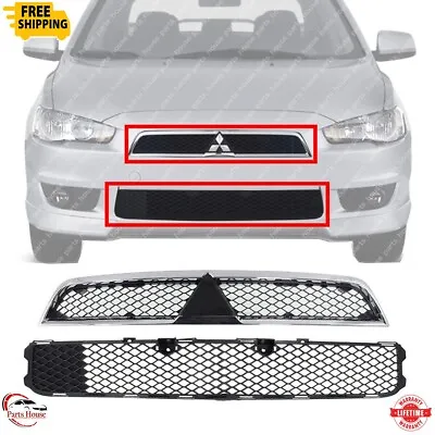 For 2008-2015 Mitsubishi Lancer Front Bumper Upper Lower Grille Chrome Black • $95.50