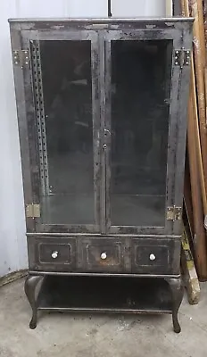 Antique Steel Medical Cabinet Beveled Glass 3 Drawers & Cabriole Legs GA9499 • $3500