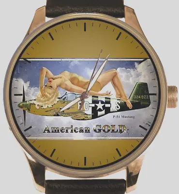 P-51 Mustang Usaf Vintage Ww-ii Aviation  Pinup American Gold Solid Brass Watch • $99.99