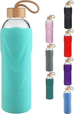 £9.99 • Buy Sports Water Bottle Glass Borosilicate Silicone Sleeve And Bamboo Lid 1000ml