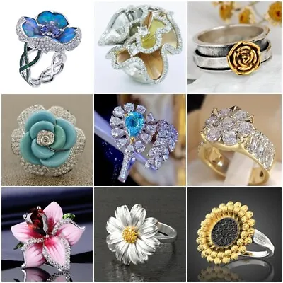$2.15 • Buy Fashion Women Flower 925 Silver Cubic Zirconia Jewelry Wedding Rings Size 6-10
