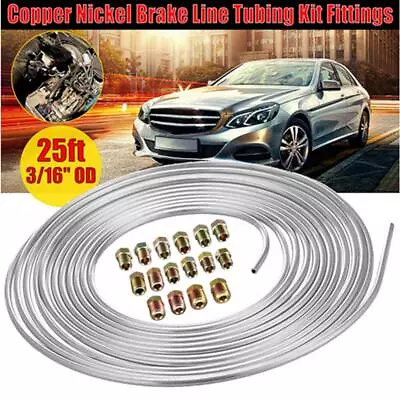 3/16   OD Steel Brake Line Tubing Kit Silver 25 Ft Coils + 16Pcs Nut Fittings • $34