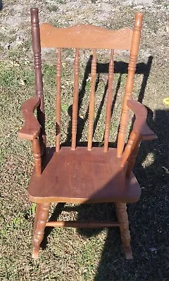 Antique Wooden Child's Rocker Carved Back With Hand Turned Spindles  • $175