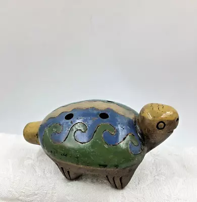 Vintage Ocarina Clay Turtle Flute Aztec Mayan Painted Folk Art 4 Hole Whistle 5” • $24.99