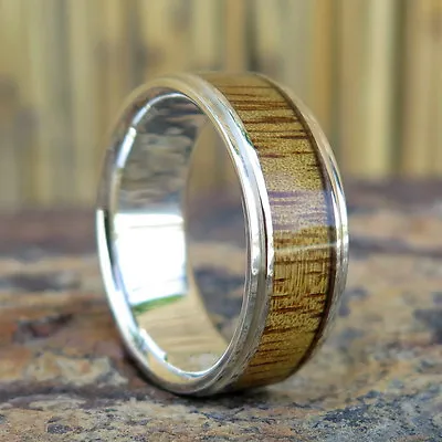 Hawaiian 925K Sterling Silver Light Koa Wood Inlay Wedding Ring Band 8mm SWR1002 • $85.99