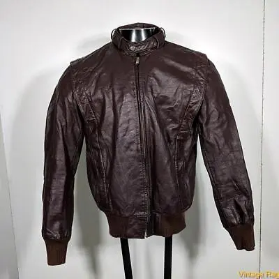 Vtg 80s Cafe Racer Leather Biker JACKET Mens Size S/M Brown • $44.99