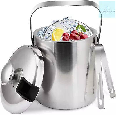 Ice Bucket Double Wall Insulatedwith LidStrainer And Ice Tong Stainless Steel • £21.96