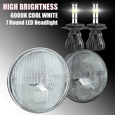 7  Stock Glass Lens Metal Headlight 6v 6-Volt 6k LED H4 Light Bulb Headlamp Pair • $108.99