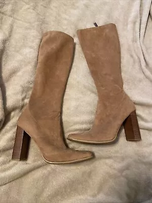 Vintage 90s Candies Knee High Heeled Gogo Boots Tan Faux Suede Size 10m • $35