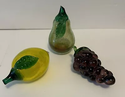 Set Of 3 Hand Blown Art Glass Murano Style Fruit Lemon Grape Pear Excellent Cond • $29