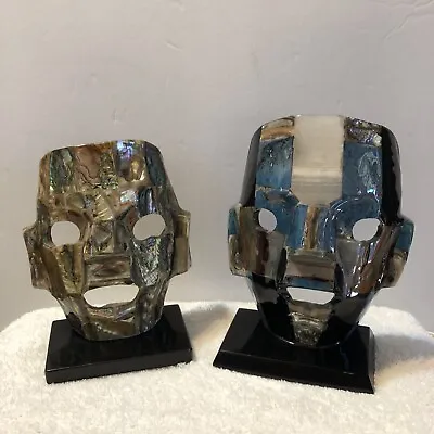Set Of 2 Mayan Death Burial Masks Abalone Onyx Marble Turquoise Mosaic Sculpture • $60