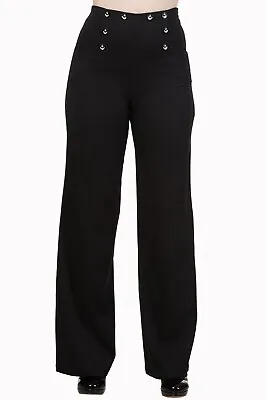 Women's Black High Waist Nautical Wide Legs Stay Awhile Trousers BANNED Apparel • £37.99