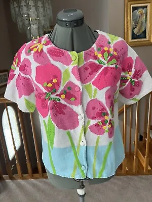 Michael Simon￼ M Easter Sweater Cardigan Floral Flower Spring Hawaiian • $45