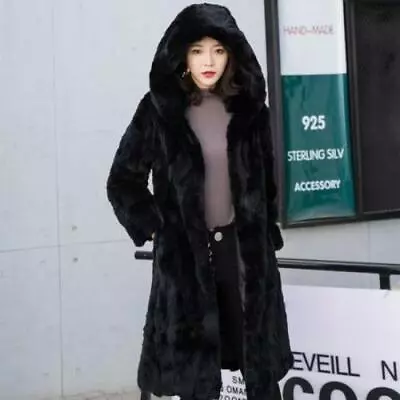 Womens Hooded Real Rabbit Fur Coat Thick Bodywarmer Long Jacket Overcoat Party L • $163.50