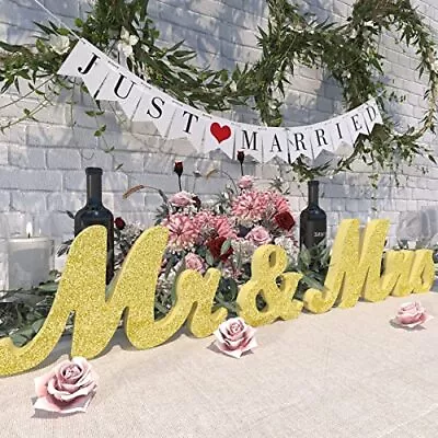 Mr & Mrs Sign For Wedding Table Large Gold Wooden Mr And Mrs Sign & Just Marr... • $23.61