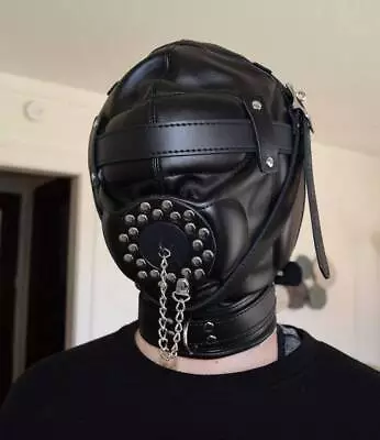 PU Leather Sex Gimp Head Hood Mask Irrigation Can Put Funnel Slave Restraint SM • $44.99