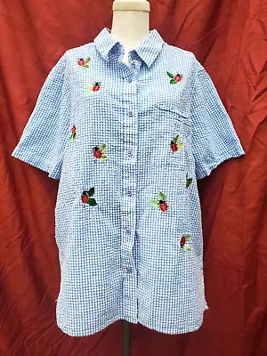 QUACKER FACTORY Large Blue& White Checked Buttoned Blouse TOP SHIRT Ladybugs • $11.99