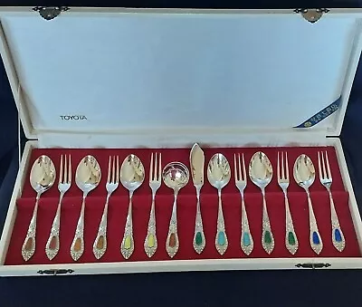 Vintage Enamelled Cake Dessert Fork Spoon Set Silver Harlequin Enamel Inserts • $70