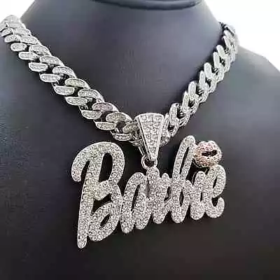 Women Gold Plated Large Barbie Charm & Iced Cubic Zirconia Cuban Chain Necklace • $36.99