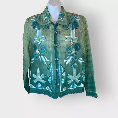 Vintage Sandy Womens Jacket | Medium | Silk | Patchwork | Beaded | Art To Wear • $29.99