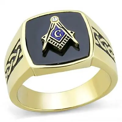 Mens Gold Masonic Ring Onyx Black Signet Military Pinky Steel 18kt  3223 • £23.99