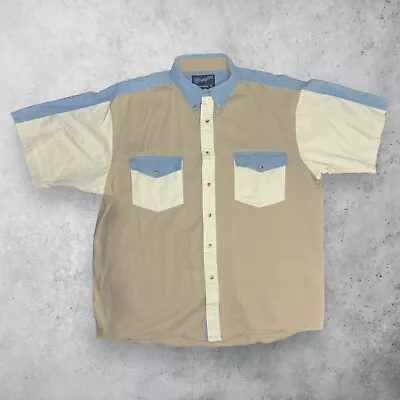 Vintage Wrangler Mens XL Blue & Khaki Denim Button Up Colorblock Work Shirt • $22.99