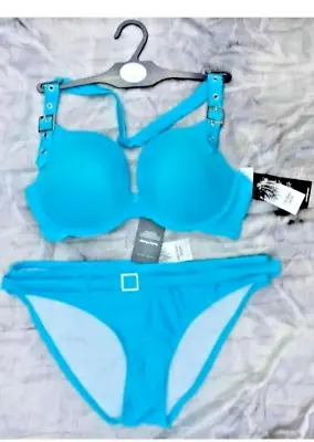 Ex New Look Turquoise Halter Neck Padded Plunge Wired Buckle Bikini Separates • £5.99