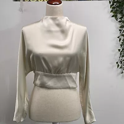 Zara Open Back Ivory/ White Satin Effect Sleeveless Mock Neck Top Size L • $28.99