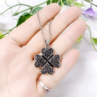Four Leaf Clover Necklace Pendant Black Crystal Stainless Steel • $14.99