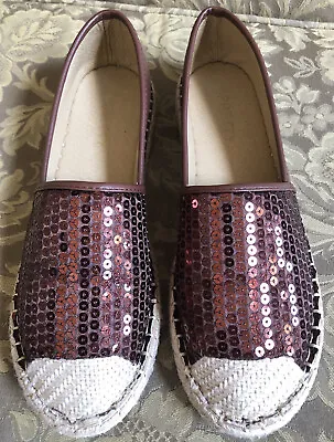 Leather Ballerina Flats PRETTY Brown Sequin Espadrille Women Shoes Sz 9M EUR 40 • $34.99