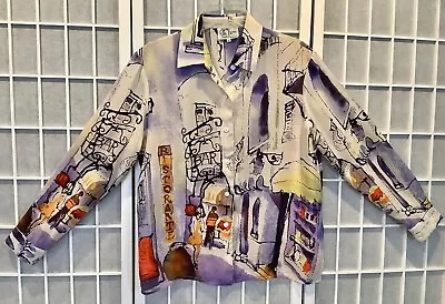 Michael Leu Wearable Art European City Night Watercolor Sz M - 100% Silk Blouse  • $34