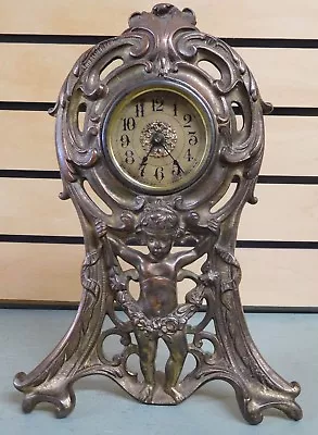 Antique 1906 Brass Cast Mantle Wind-Up Clock With Figure Pat. Oct 2 1906 • $174.99