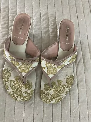 MIU MIU Women's Beige & Pink With Gold Flower Kitten Heel Sandals Sz 36.5 Shoes • $69.99