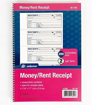 Adams Money Rent Receipt Book 2 Part Carbonless 7 5/8  X 11  Spiral 200 Sets • $12.98