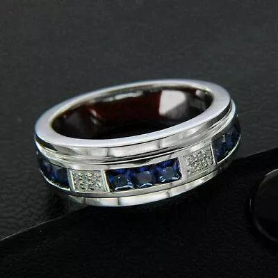 2.20Ct Princess Simulated Blue Sapphire Men's Wedding Band 14k White Gold Plated • $110