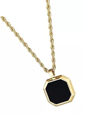 Black Onyx Pendant Necklace For Mens Womens 14k Gold Plated Curb Chain 22in • $50