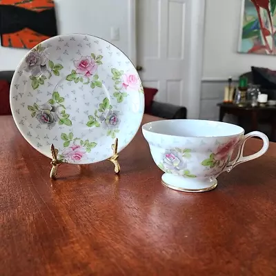 Ucagco China Cup & Saucer Handpainted Pink Grey Roses Pattern Occupied Japan • $29.95